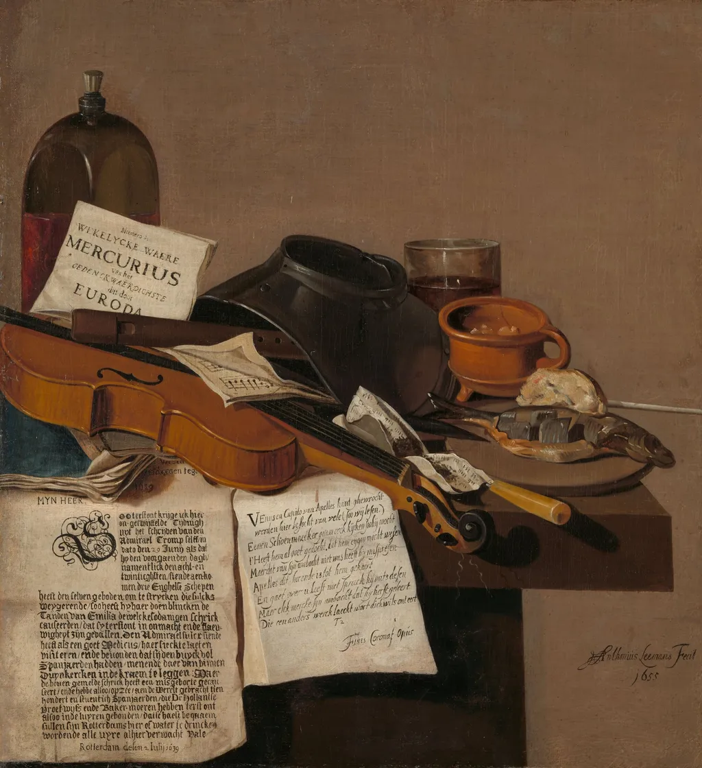 Still Life with a Copy of De Waere Mercurius, a Broadsheet with the News of Tromp's Victory over three English Ships on 28 June 1639, and a Poem telling the story of Apelles and the Cobbler, by Anthonie Leemans, unspecified, 1655