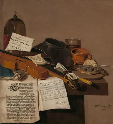 Still Life with a Copy of De Waere Mercurius, a Broadsheet with the News of Tromp's Victory over three English Ships on 28 June 1639, and a Poem telling the story of Apelles and the Cobbler, by Anthonie Leemans, unspecified, 1655