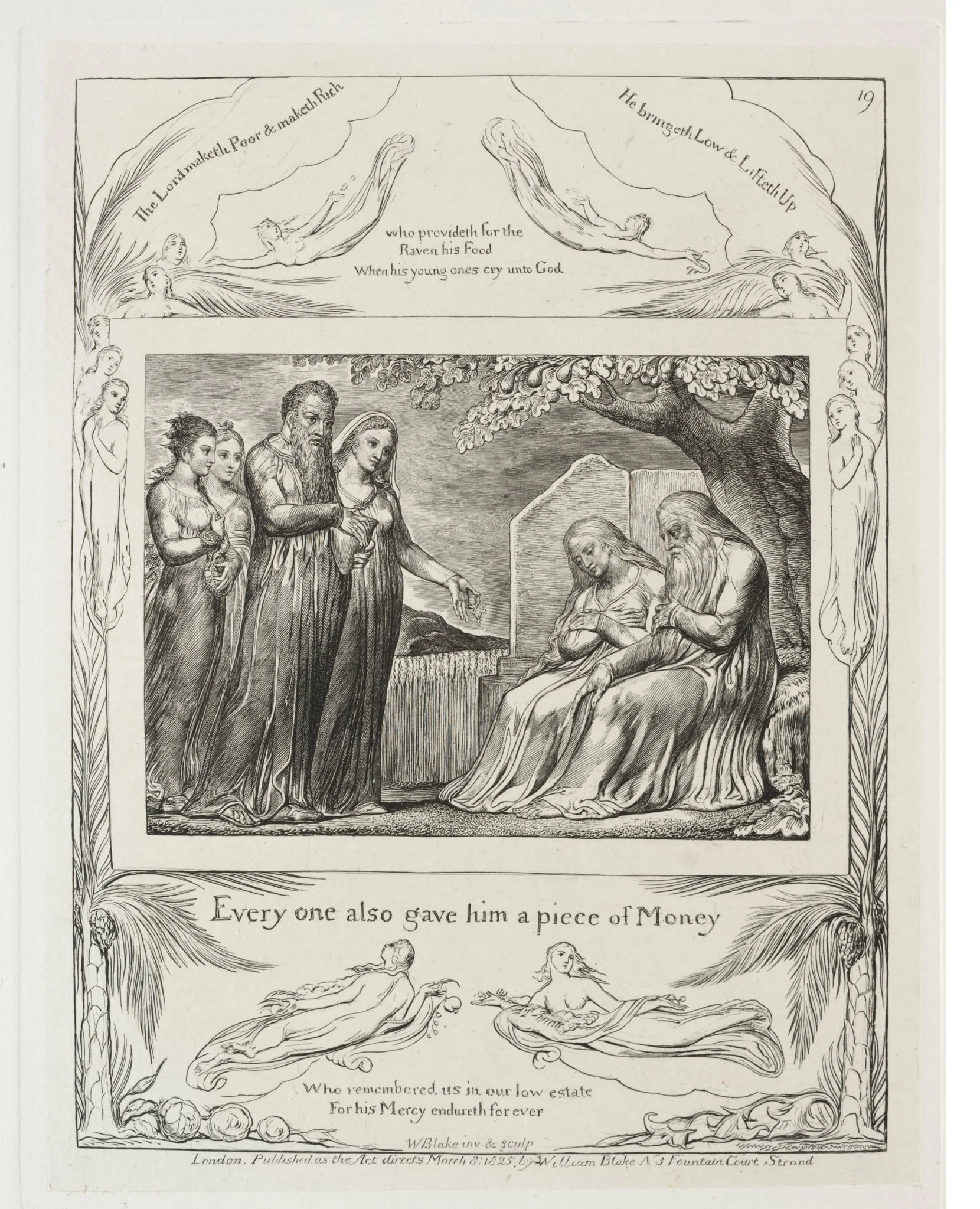 The Book of Job: Pl. 19, Every one also gave him a piece of money, detail
