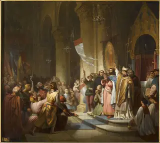 Election of Boniface of Montferrat as leader of the Fourth Crusade., by Henri Decaisne, oil, 1840