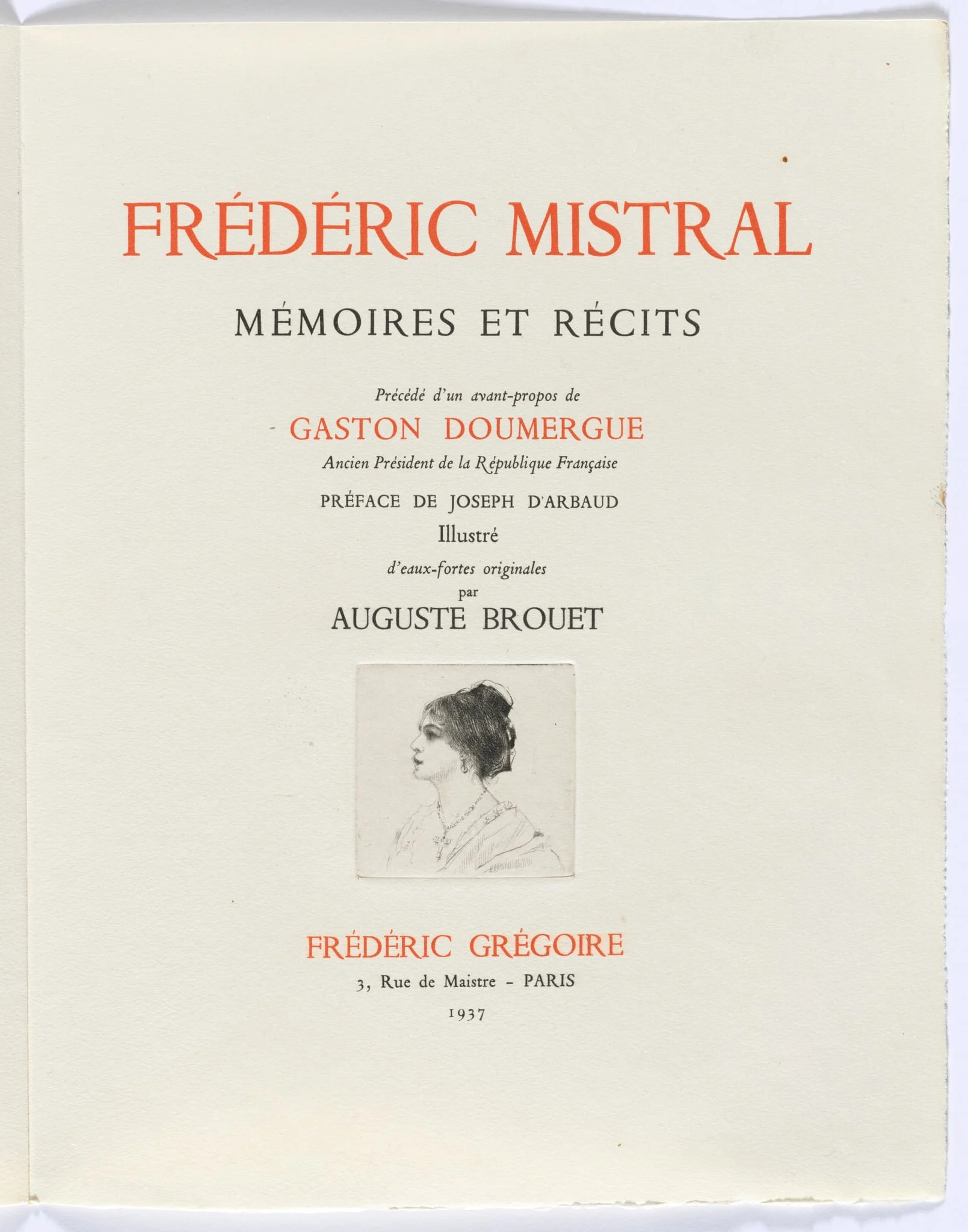 Frédéric Mistral: Mémoires et Recits by Frédéric Mistral: title page, bust of woman in profile, detail