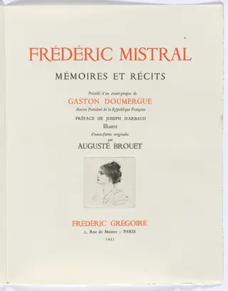 Frédéric Mistral: Mémoires et Recits by Frédéric Mistral: title page, bust of woman in profile, by Auguste Brouet, 1937