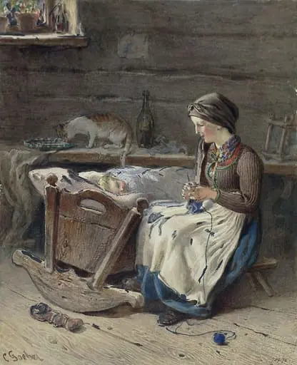 Young peasant woman rocking an infant in its cradle, by Carl Goebel, watercolor, 1850
