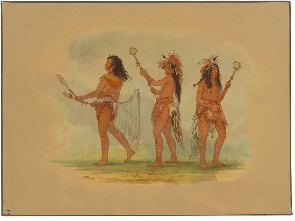 Three Celebrated Ball Players - Choctaw, Sioux and Ojibbeway, by George Catlin, oil, 1861