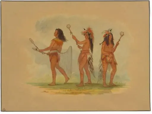 Three Celebrated Ball Players - Choctaw, Sioux and Ojibbeway, by George Catlin, oil, 1861