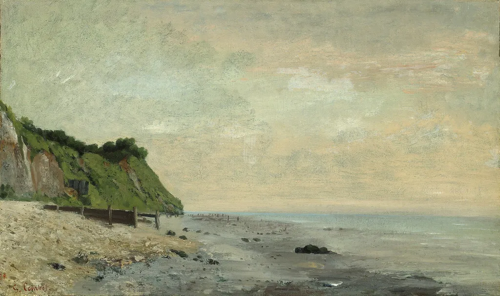 Cliffs on the Sea Coast: Small Beach, Sunrise (Falaise au bord de la mer, vu Petite Plage, soleil levant), by Gustave Courbet, oil, 1865