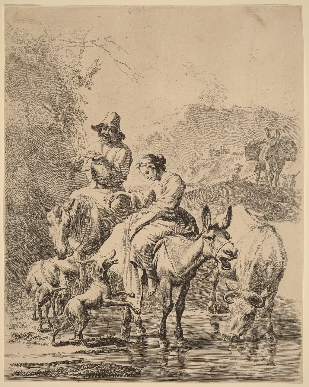 Shepherdess on a Donkey, by Nicolaes Pieterszoon Berchem, ink, 1652