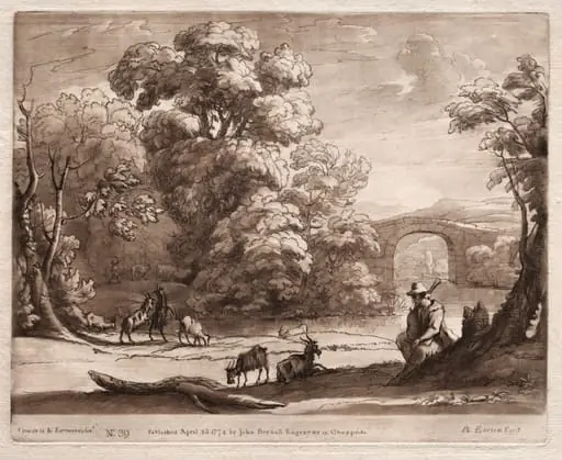 Liber Veritatis:  No. 39, A Landscape with Herdsman Playing a Bagpipe and Goats Browsing, by Richard Earlom, 1774