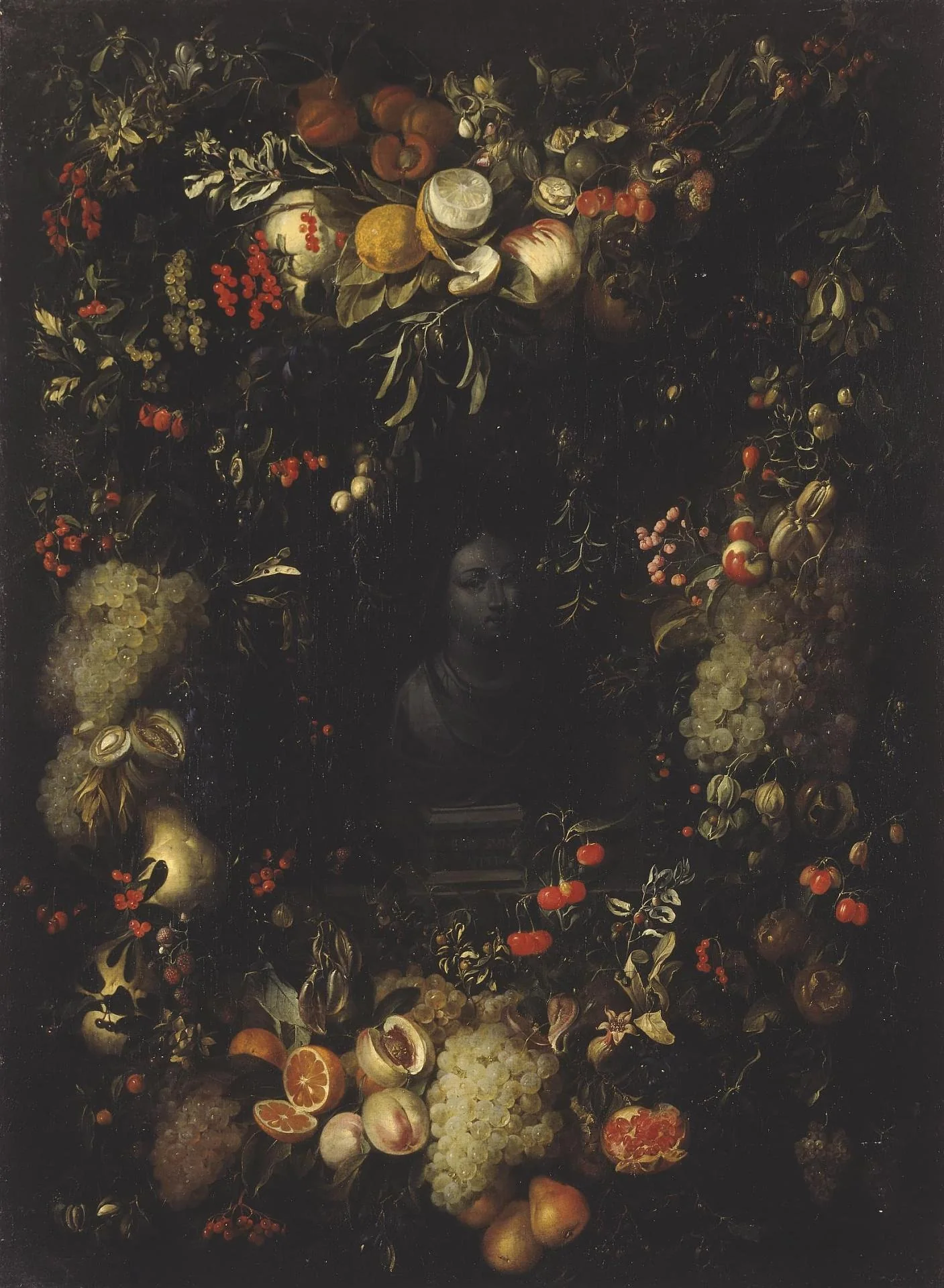 Bust of the Virgin Framed with a Garland of Fruit, detail