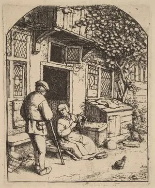 Two Peasants Outside a House, the Woman Winding Wool, by Adriaen van Ostade, ink, 1671