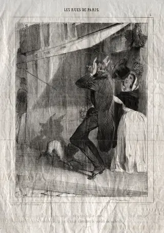 Les Rues de Paris:  En voilà encore des mécaniques du cinq cent mille noms . . . c'est quelque chapelier qui aura invente ca.  Ou 'on m'aille chercher le prefet de police!, by Charles Joseph Traviès de Villers, 1838