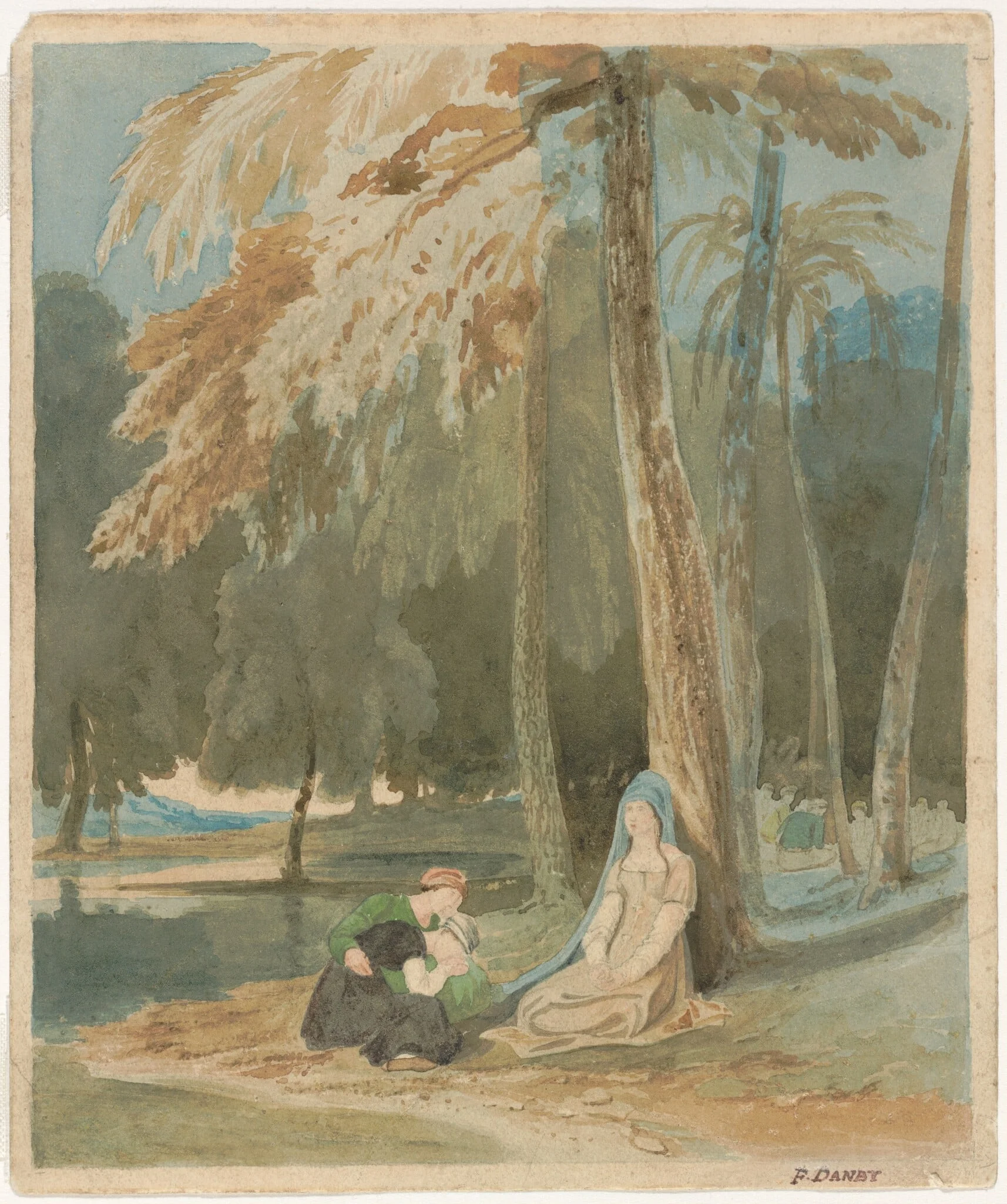 Three Women Seated by a Wooded Lake, detail