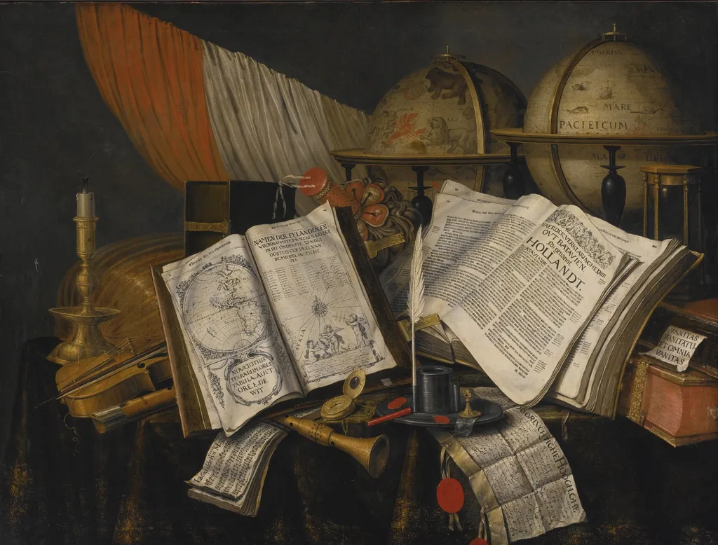 Vanitas Still Life with a Candlestick, Musical Instruments, Dutch Books, a Writing Set, an Astrological and a Terrestial Globe and an Hourglass, All on a Draped Table, by Evert Collier, oil, 1662