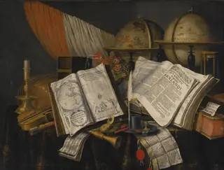 Vanitas Still Life with a Candlestick, Musical Instruments, Dutch Books, a Writing Set, an Astrological and a Terrestial Globe and an Hourglass, All on a Draped Table, by Evert Collier, oil, 1662