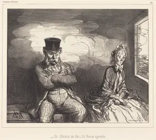 En Chemin de fer... un voisin agréable (On the Railroad... an agreeable neighbor), by Honoré Daumier, ink, 1862