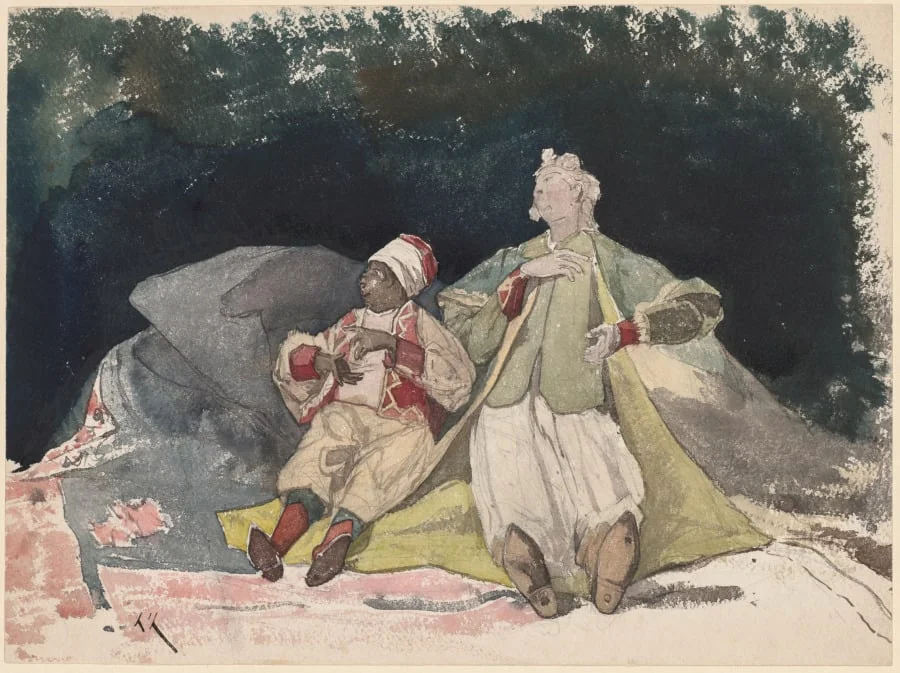 Two Dolls or Puppets Sitting on Cushions, detail