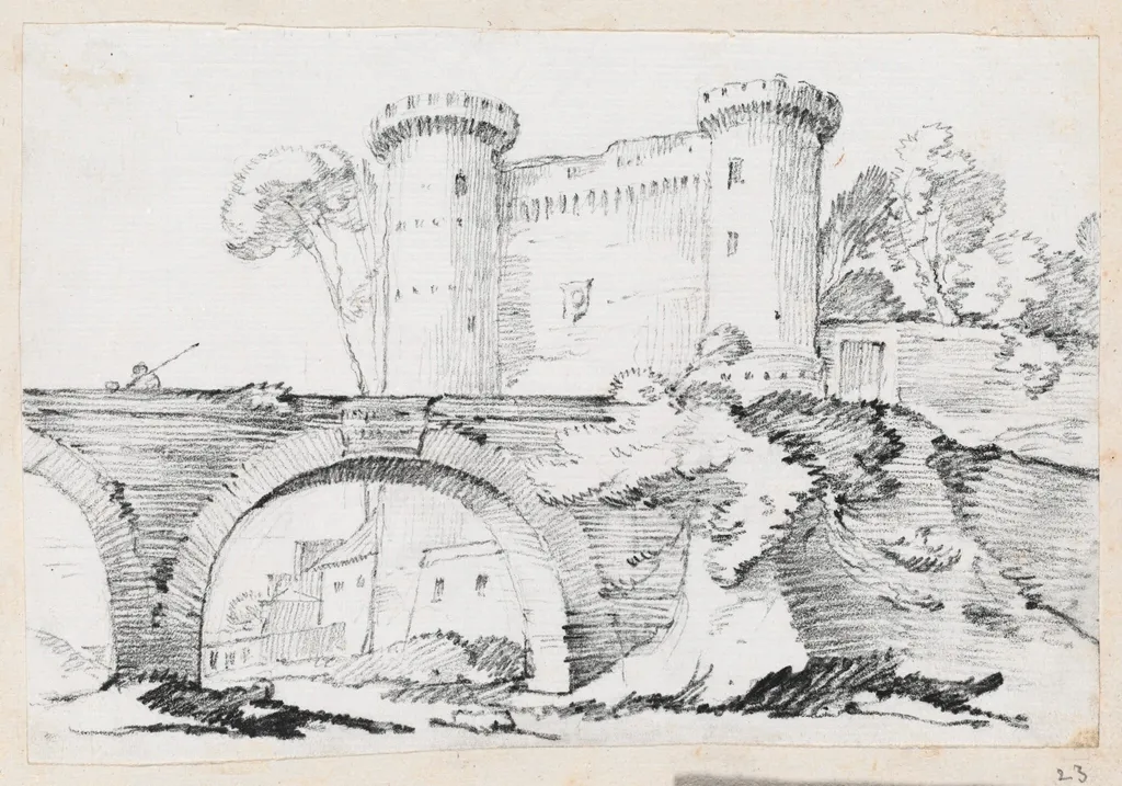 A Stone Bridge and the Fortified Entrance to a Town, by Joseph-Marie Vien, graphite, 1747
