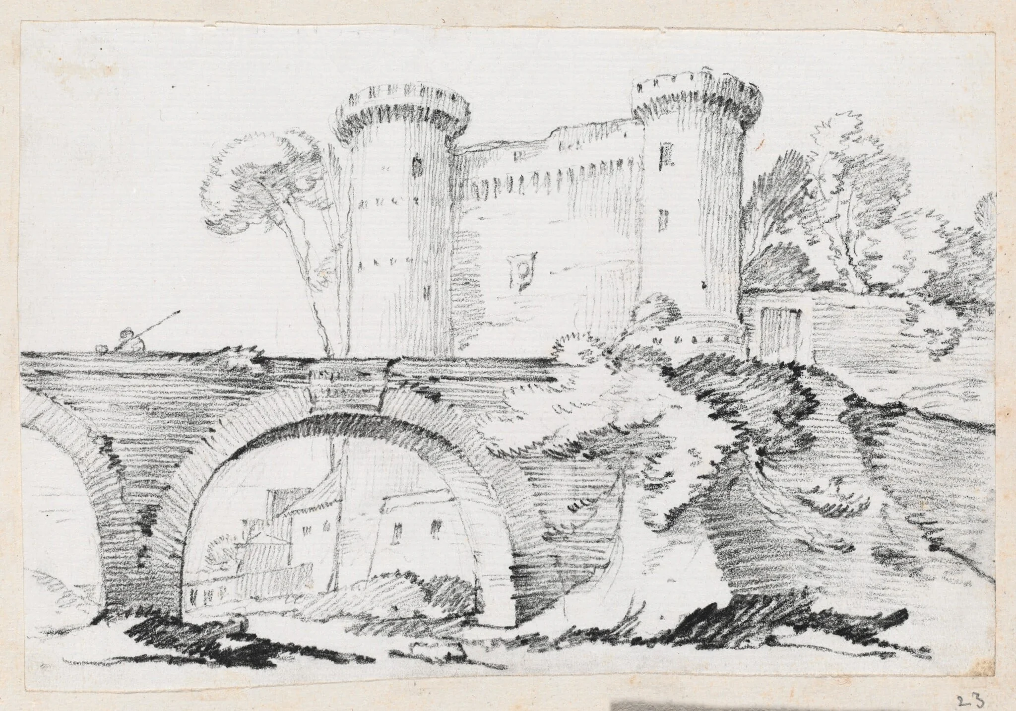 A Stone Bridge and the Fortified Entrance to a Town, detail