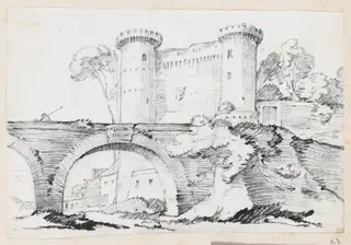 A Stone Bridge and the Fortified Entrance to a Town, by Joseph-Marie Vien, graphite, 1747