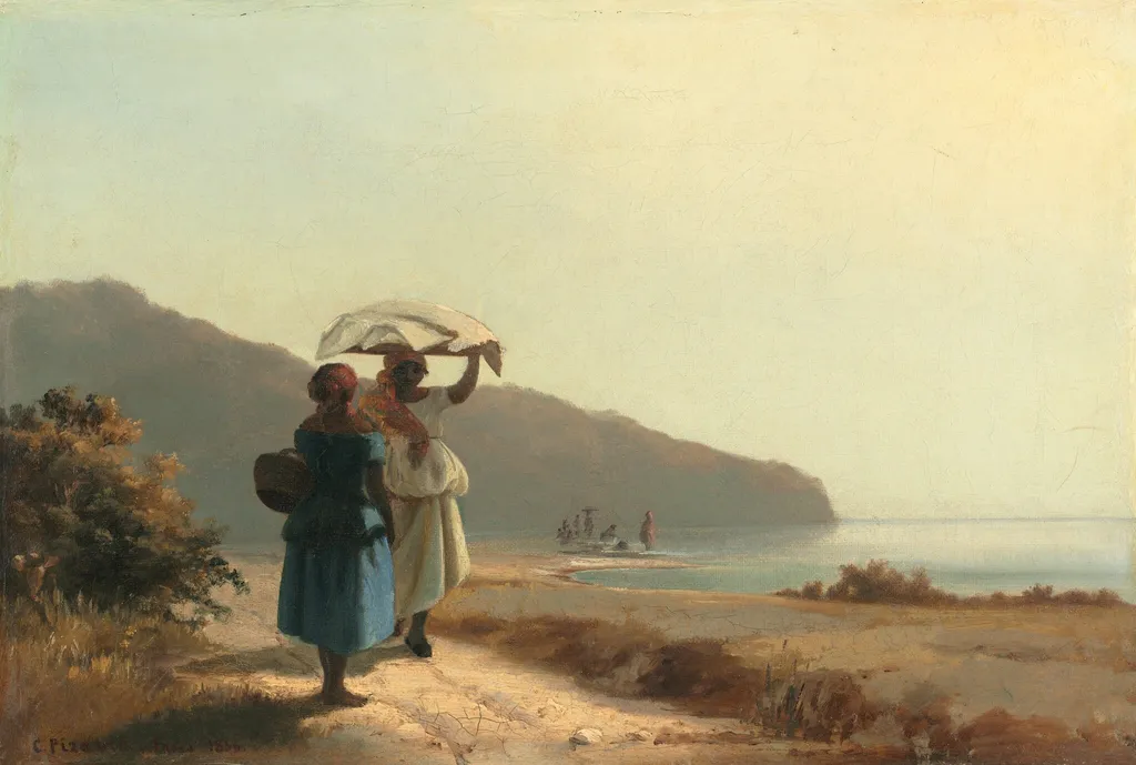 Two Women Chatting by the Sea, St. Thomas, by Camille Pissarro, oil, 1856