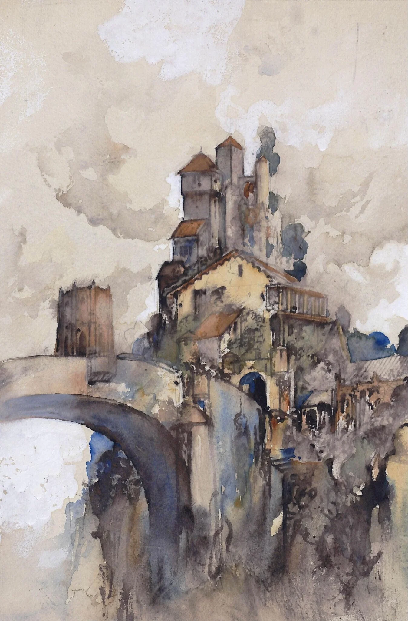 Bridge crossing a chasm to a medieval village, detail