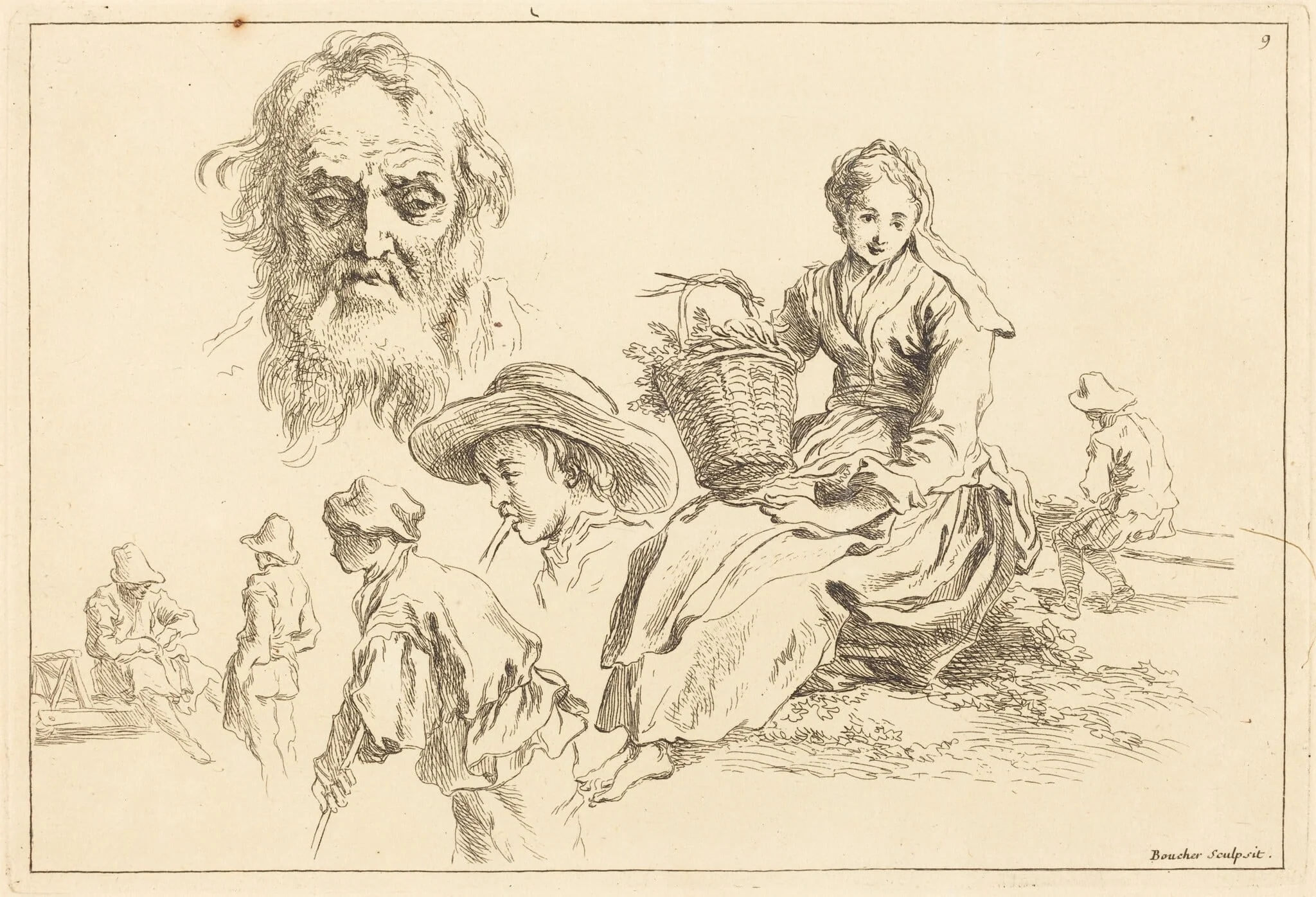 Figure Studies including Bearded Face of an Old Man, detail