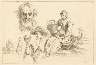 Figure Studies including Bearded Face of an Old Man, by François Boucher, ink, 1735
