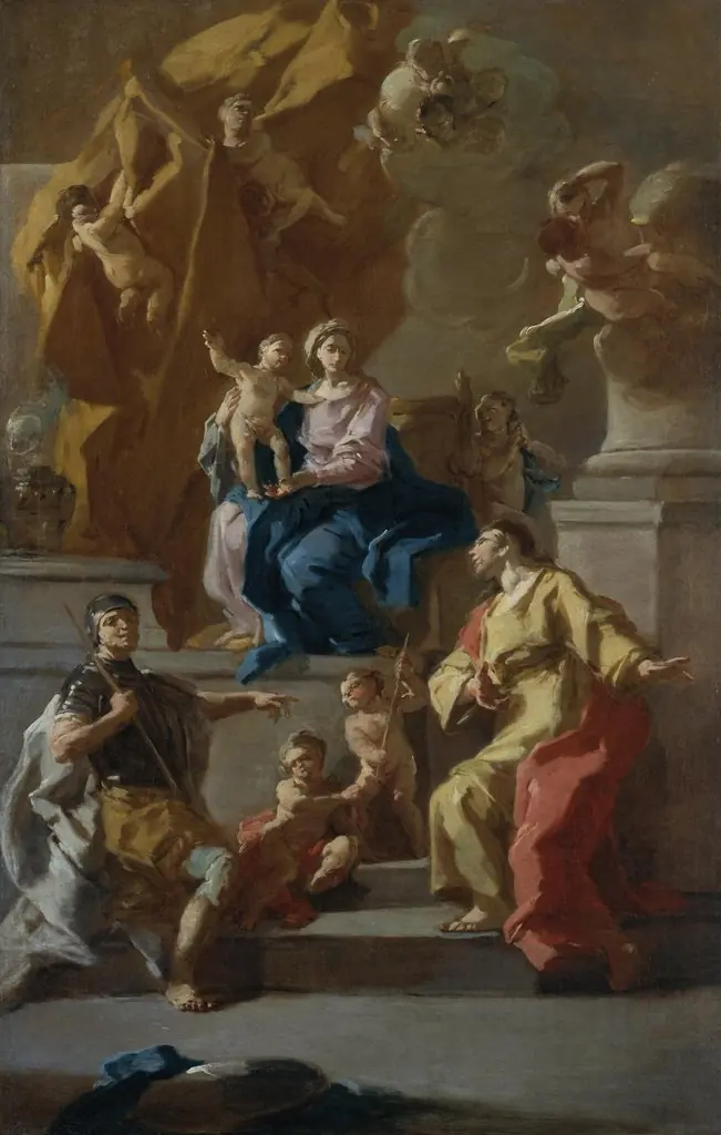 The Virgin and Child Enthroned, with Angels and Two Saints, by Domenico Mondo, paint, 1773
