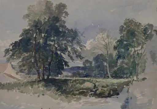 Woody Landscape with rocks and a cottage, by William James Müller, watercolor, 1840