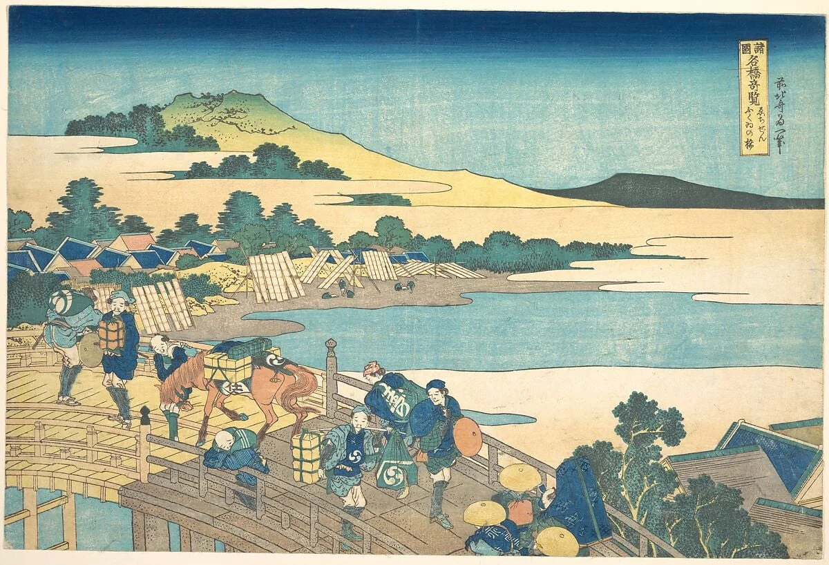 諸國名橋奇覧 ゑちぜんふくゐの橋|Fukui Bridge in Echizen Province (Echizen Fukui no hashi), from the series Remarkable Views of Bridges in Various Provinces (Shokoku meikyō kiran), detail