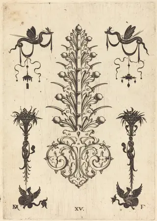Hyacinth-Shaped Brooch with Winged Snakes at Top and Winged Animals at Bottom, by Daniel Mignot, ink, 1596