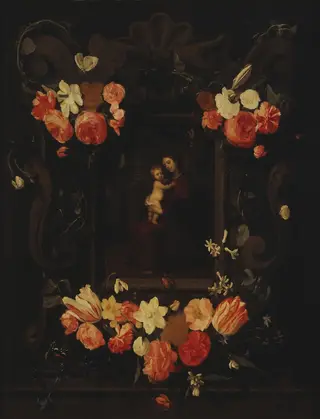 Madonna and Child Framed a Garland of Flowers, by Erasmus Quellinus II, oil, 1644