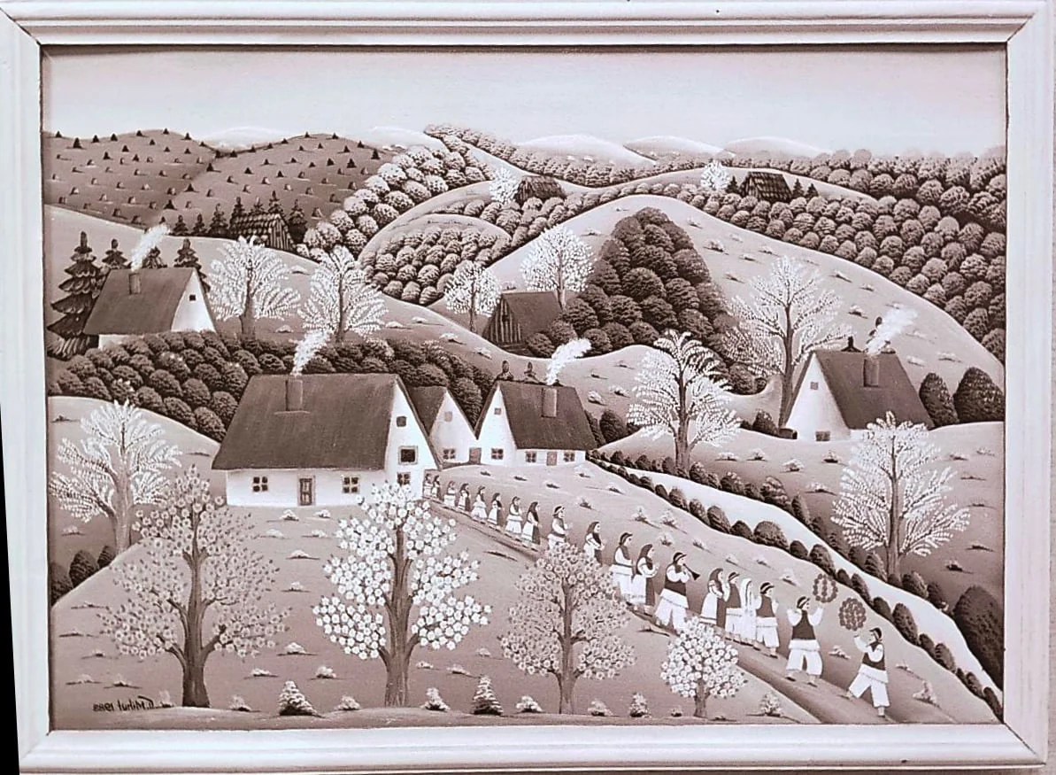 Sequences from the Village Museum, naive painting by Petru Mihuțe - Spring Wedding (1988), detail