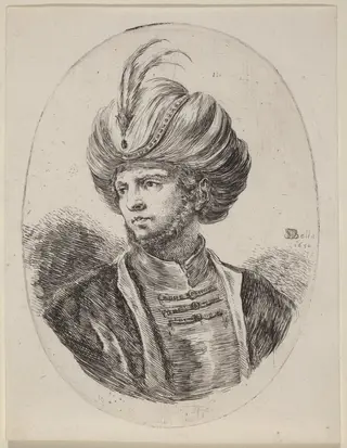 Young Moor with a Slight Beard and Feathered Turban, Turned to the Left, by Stefano Della Bella, ink, 1650