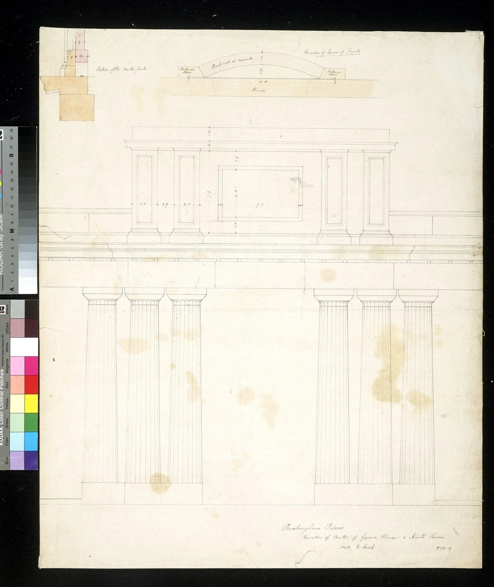 Elevation of Center of the Guard House and North Screen, Buckingham Palace, detail
