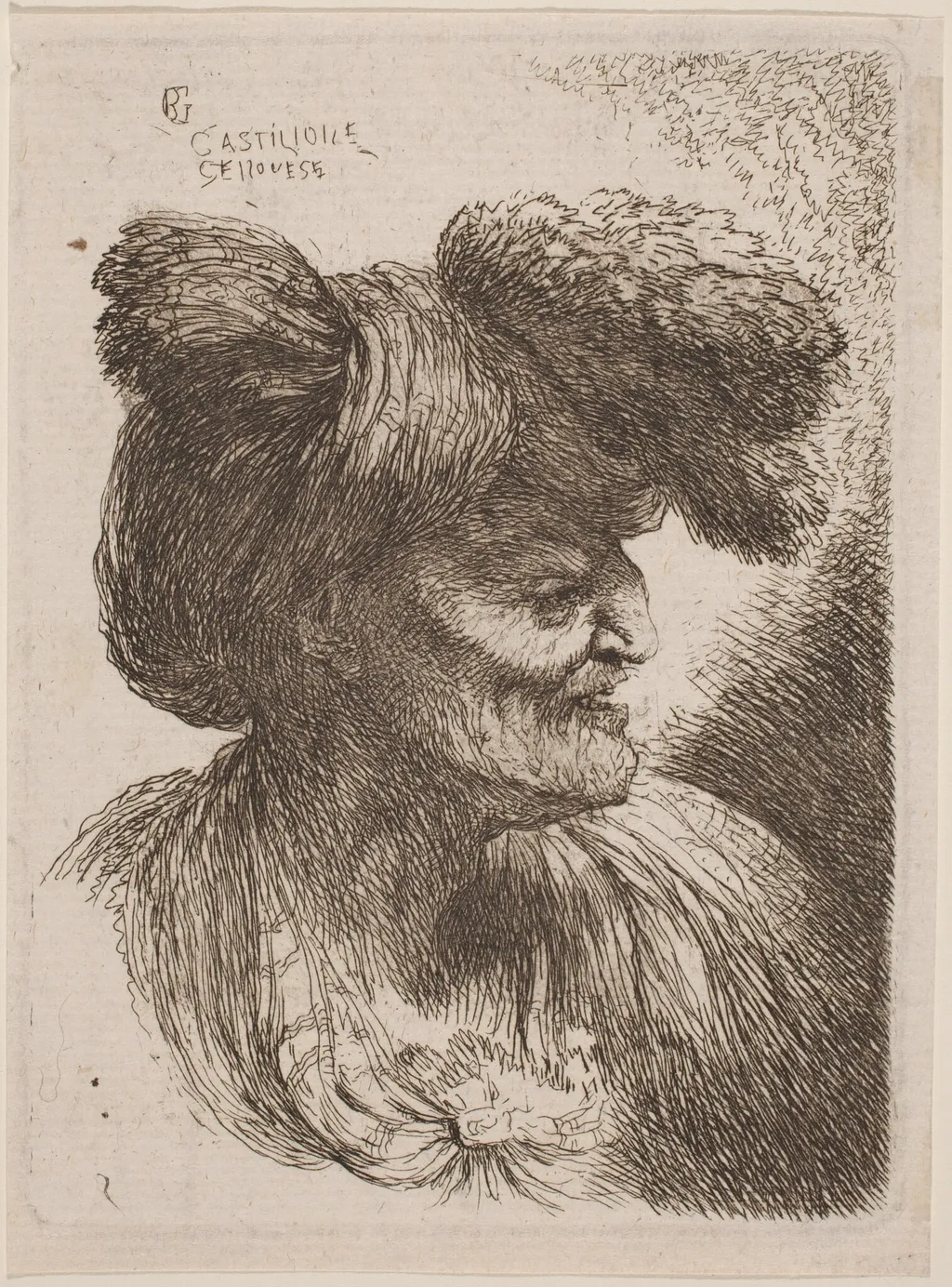 Old Man Wearing a Turban Ornamented with Fur, Facing Right, by Giovanni Benedetto Castiglione, ink, 1646