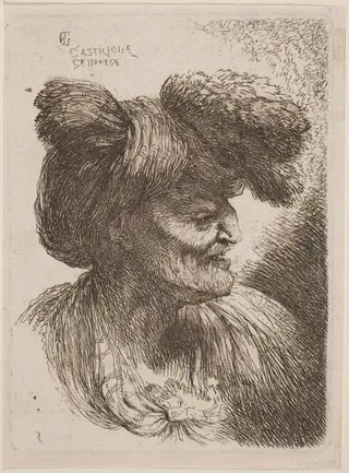 Old Man Wearing a Turban Ornamented with Fur, Facing Right, by Giovanni Benedetto Castiglione, ink, 1646