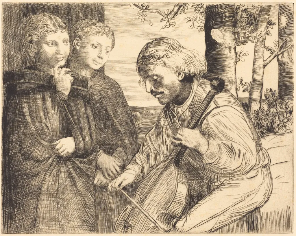 Viol Player (Le joueur de viole), by Alphonse Legros, ink, 1874