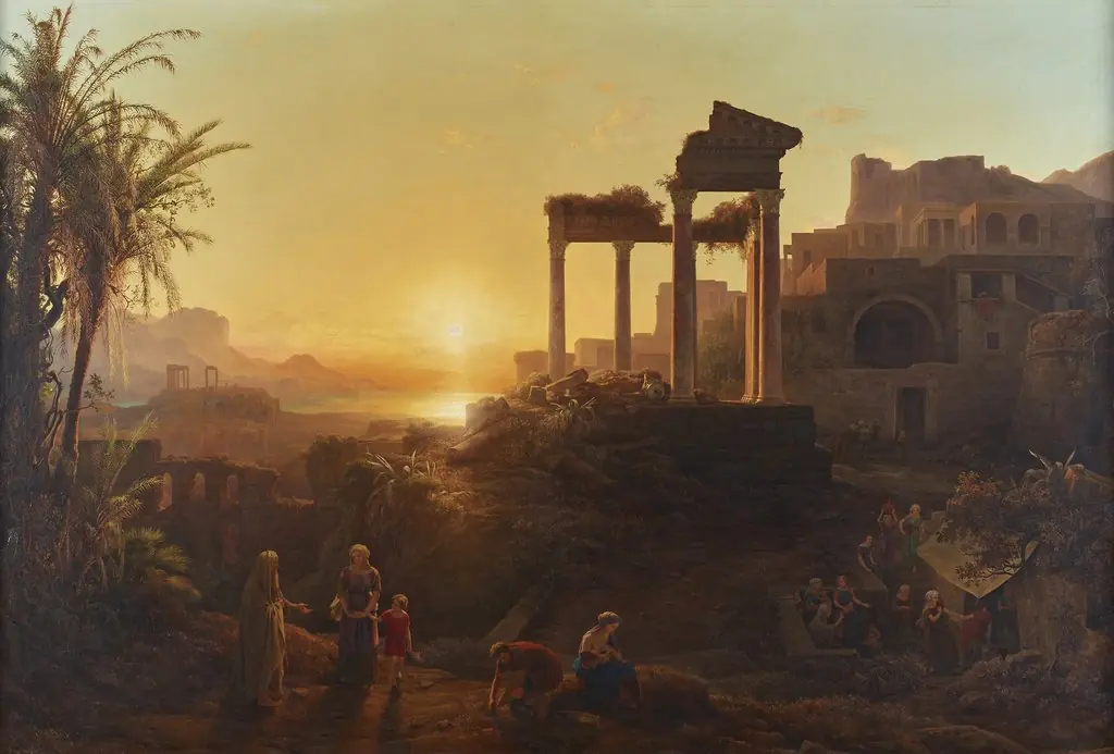 Landschaft mit Sonnenuntergang, by Károly Markó, oil, 1847