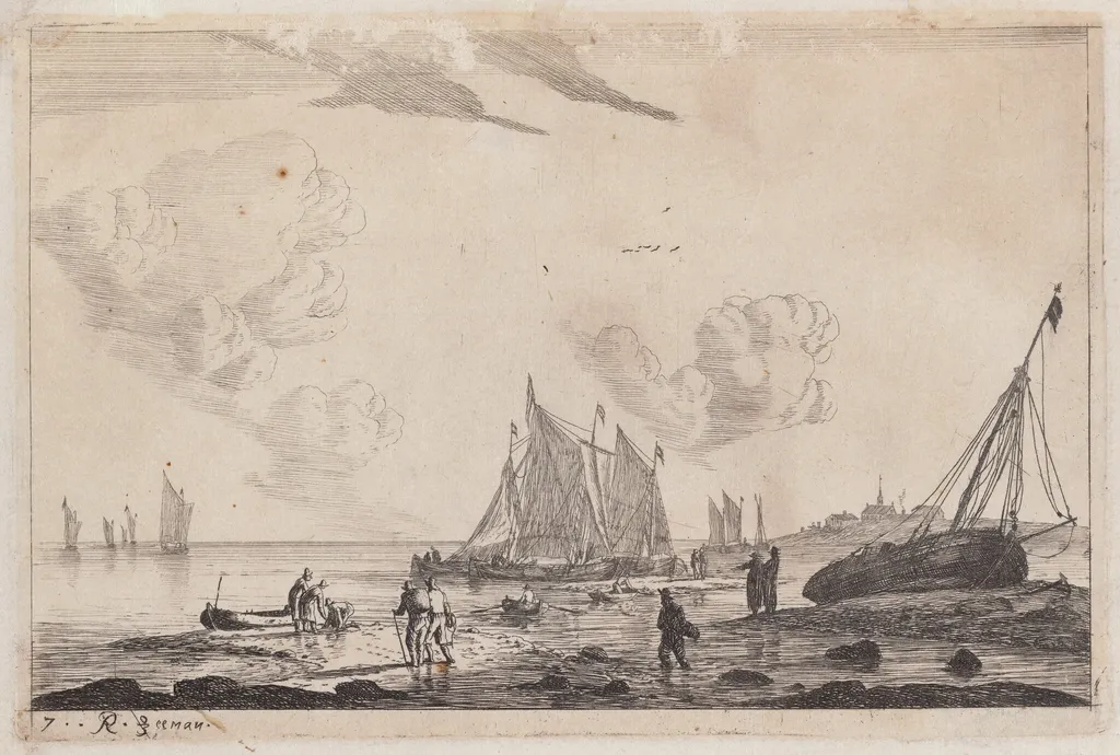 Beach Scene with Ketches and other Fishing Boats, by Nooms, called Zeeman, Reinier, ink, 1656