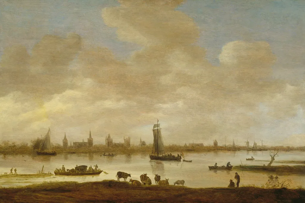 View of an imaginary town across a river with the Vianen tower of Saint Pol, by Jan van Goyen, oil, 1649