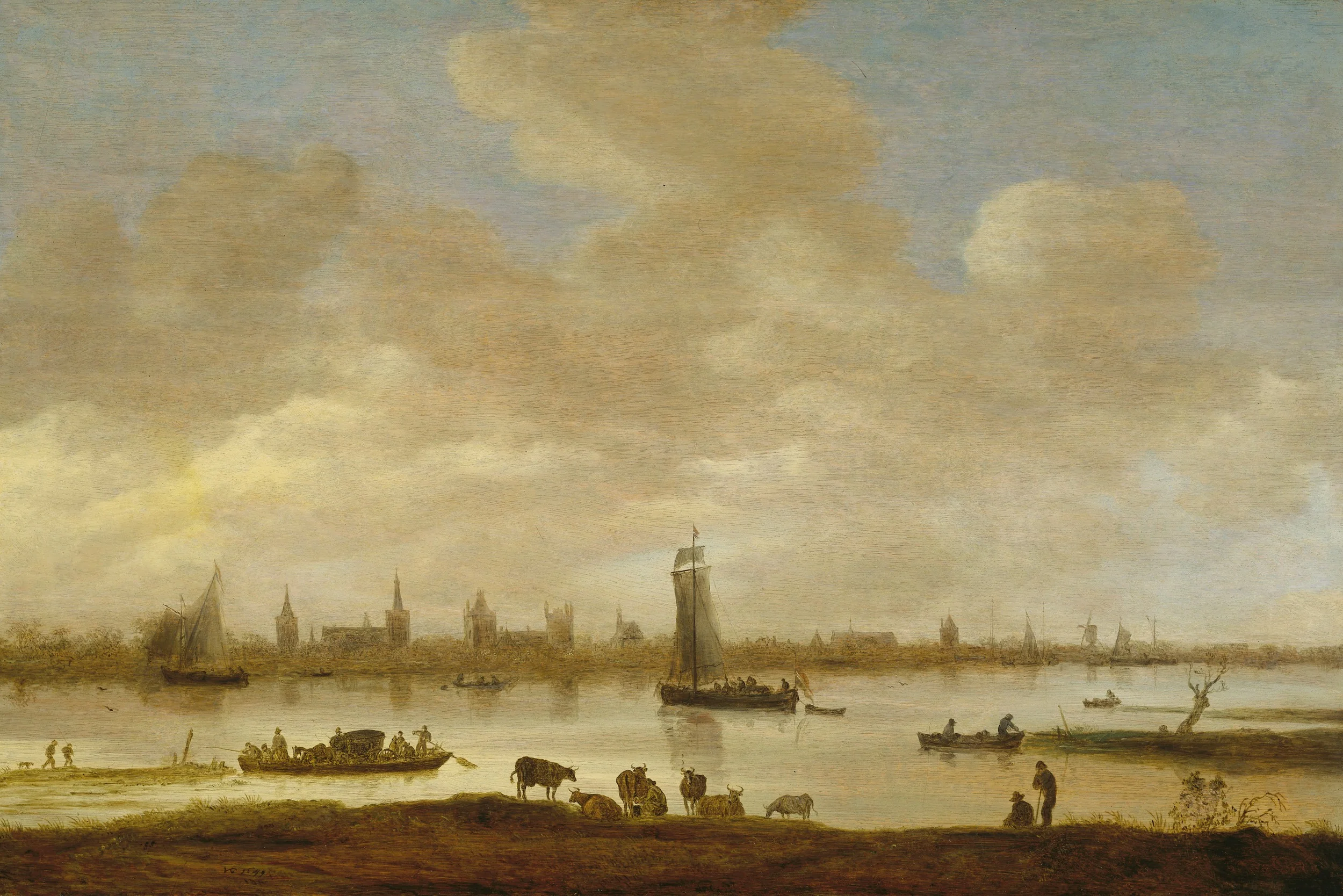 View of an imaginary town across a river with the Vianen tower of Saint Pol, detail