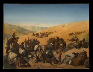 Halt of Caravans at the Wells of Saba (Beersheba) in the Desert South of Hebron, by Baron de Coubertin Charles Louis de Frédy, oil, 1850