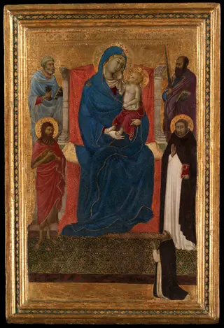Virgin and Child Enthroned with Saints Peter, Paul, John the Baptist, and Dominic and a Dominican Supplicant, by Ugolino di Nerio, tempera, 1330