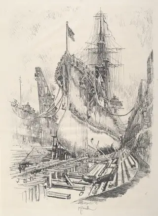 In the Dry Dock, by Joseph Pennell, ink, 1917