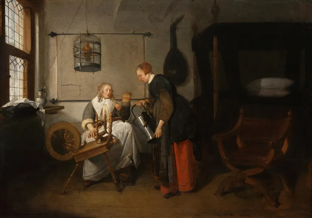 Young Woman at the Spinning Wheel, by Quirijn van Brekelenkam, paint, 1667