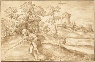 Landscape with a Boy Fishing, by Domenico Campagnola, ink, 1516