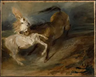 Two Horses Fighting in a Stormy Landscape, by Eugène Delacroix, oil, 1828