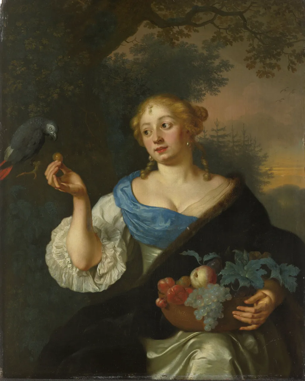 A young woman with a parrot, by Ary de Vois, oil, 1670