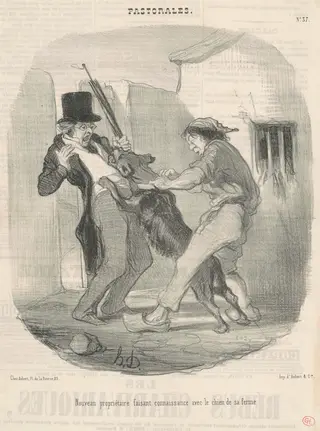 Nouveau propriètaire faisant connaissance avec le chien ..., by Honoré Daumier, ink, 1846